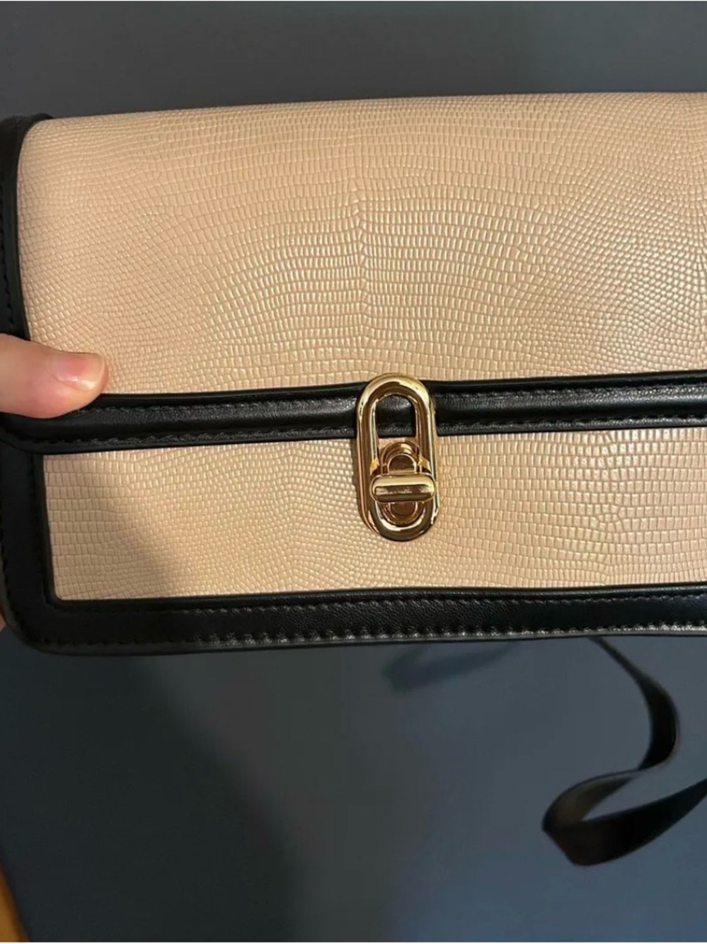 Jules Kaye vegan leather Cream and Black Textured Crossbody with Gold Turn-Lock